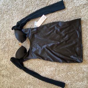 Black cutout bustier satin dress with mesh sleeves